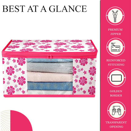 Pink & White Floral Printed Clothes Storage Organizer Box with Transparent Window and Zip Closure