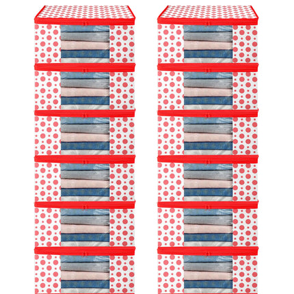 White & Red Polka Dot Printed Clothes Storage Organizer Box with Transparent Window and Zip Closure