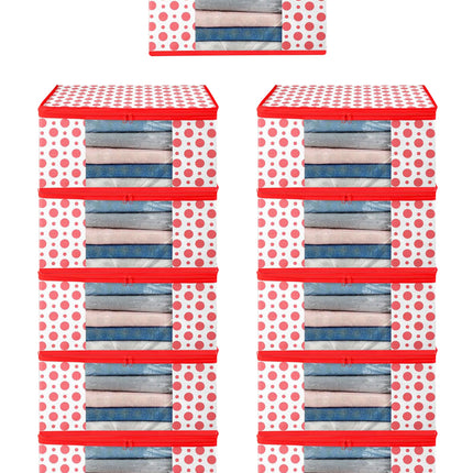 White & Red Polka Dot Printed Clothes Storage Organizer Box with Transparent Window and Zip Closure