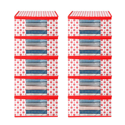White & Red Polka Dot Printed Clothes Storage Organizer Box with Transparent Window and Zip Closure