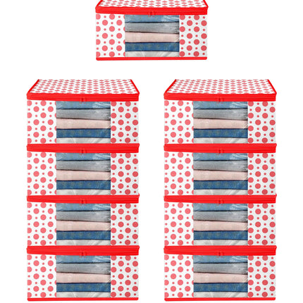 White & Red Polka Dot Printed Clothes Storage Organizer Box with Transparent Window and Zip Closure