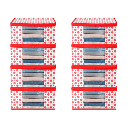 White & Red Polka Dot Printed Clothes Storage Organizer Box with Transparent Window and Zip Closure