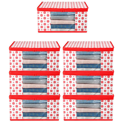 White & Red Polka Dot Printed Clothes Storage Organizer Box with Transparent Window and Zip Closure