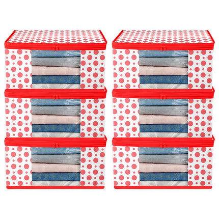 White & Red Polka Dot Printed Clothes Storage Organizer Box with Transparent Window and Zip Closure