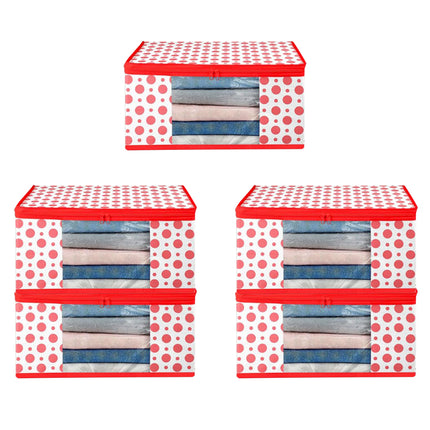 White & Red Polka Dot Printed Clothes Storage Organizer Box with Transparent Window and Zip Closure