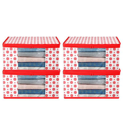 White & Red Polka Dot Printed Clothes Storage Organizer Box with Transparent Window and Zip Closure