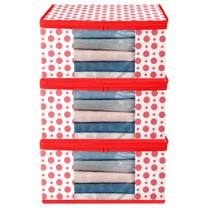 White & Red Polka Dot Printed Clothes Storage Organizer Box with Transparent Window and Zip Closure