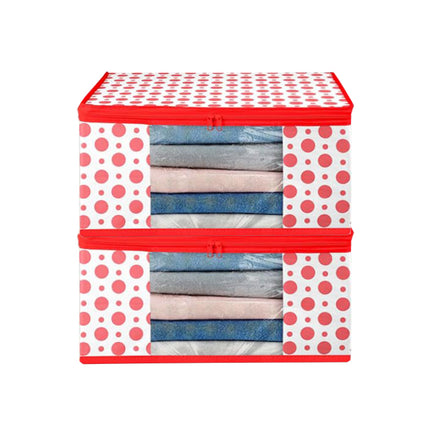 White & Red Polka Dot Printed Clothes Storage Organizer Box with Transparent Window and Zip Closure