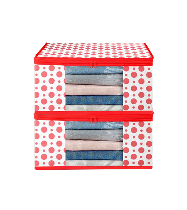 White & Red Polka Dot Printed Clothes Storage Organizer Box with Transparent Window and Zip Closure