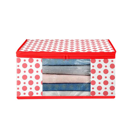 White & Red Polka Dot Printed Clothes Storage Organizer Box with Transparent Window and Zip Closure