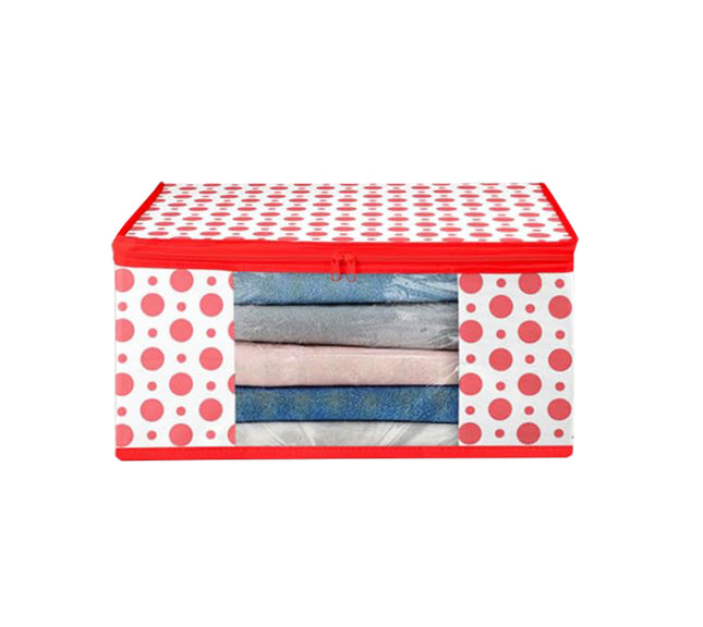 White & Red Polka Dot Printed Clothes Storage Organizer Box with Transparent Window and Zip Closure