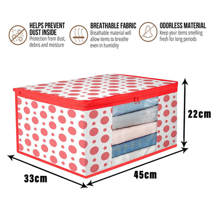 White & Red Polka Dot Printed Clothes Storage Organizer Box with Transparent Window and Zip Closure
