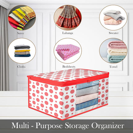 White & Red Polka Dot Printed Clothes Storage Organizer Box with Transparent Window and Zip Closure
