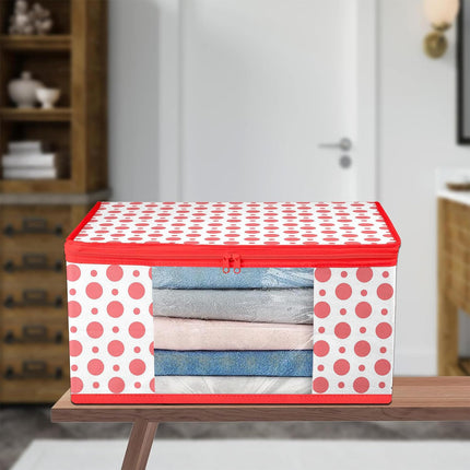 White & Red Polka Dot Printed Clothes Storage Organizer Box with Transparent Window and Zip Closure