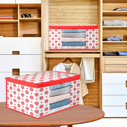White & Red Polka Dot Printed Clothes Storage Organizer Box with Transparent Window and Zip Closure