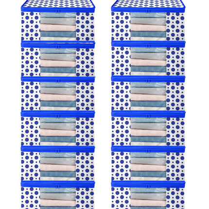 White & Blue Polka Dot Printed Clothes Storage Organizer Box with Transparent Window and Zip Closure
