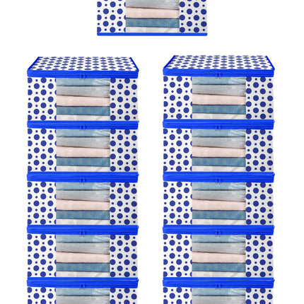 White & Blue Polka Dot Printed Clothes Storage Organizer Box with Transparent Window and Zip Closure