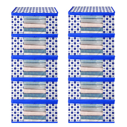 White & Blue Polka Dot Printed Clothes Storage Organizer Box with Transparent Window and Zip Closure