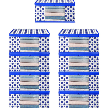 White & Blue Polka Dot Printed Clothes Storage Organizer Box with Transparent Window and Zip Closure