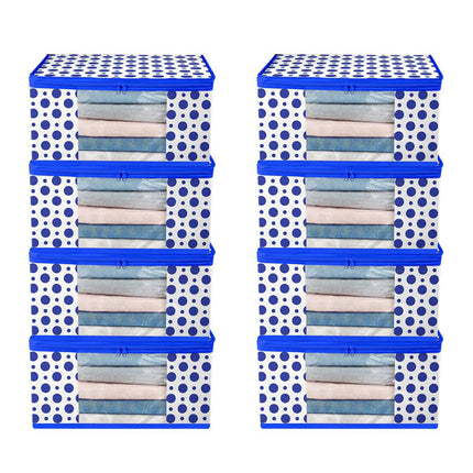 White & Blue Polka Dot Printed Clothes Storage Organizer Box with Transparent Window and Zip Closure