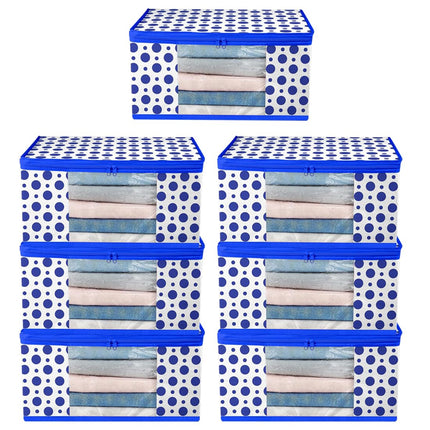 White & Blue Polka Dot Printed Clothes Storage Organizer Box with Transparent Window and Zip Closure