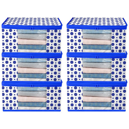 White & Blue Polka Dot Printed Clothes Storage Organizer Box with Transparent Window and Zip Closure
