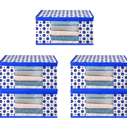White & Blue Polka Dot Printed Clothes Storage Organizer Box with Transparent Window and Zip Closure