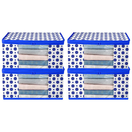 White & Blue Polka Dot Printed Clothes Storage Organizer Box with Transparent Window and Zip Closure