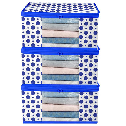 White & Blue Polka Dot Printed Clothes Storage Organizer Box with Transparent Window and Zip Closure