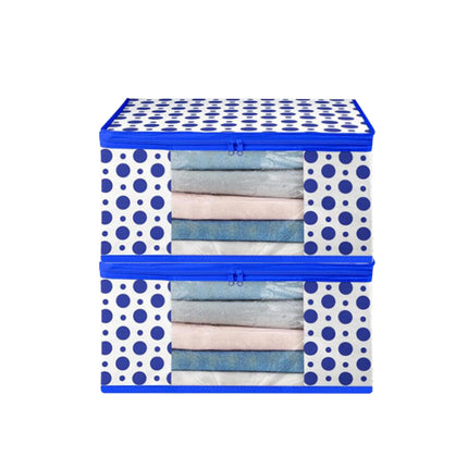 White & Blue Polka Dot Printed Clothes Storage Organizer Box with Transparent Window and Zip Closure