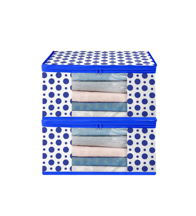 White & Blue Polka Dot Printed Clothes Storage Organizer Box with Transparent Window and Zip Closure