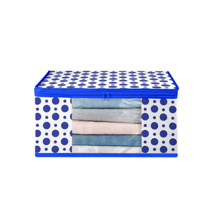 White & Blue Polka Dot Printed Clothes Storage Organizer Box with Transparent Window and Zip Closure
