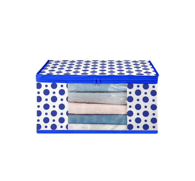 White & Blue Polka Dot Printed Clothes Storage Organizer Box with Transparent Window and Zip Closure