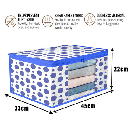 White & Blue Polka Dot Printed Clothes Storage Organizer Box with Transparent Window and Zip Closure