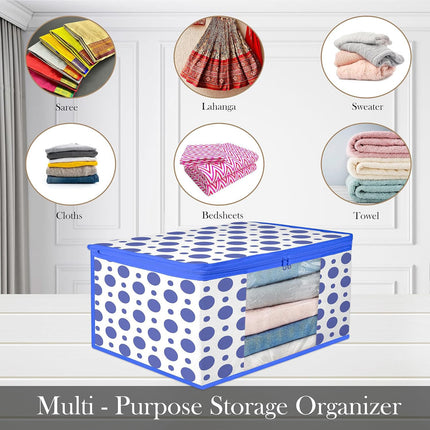 White & Blue Polka Dot Printed Clothes Storage Organizer Box with Transparent Window and Zip Closure