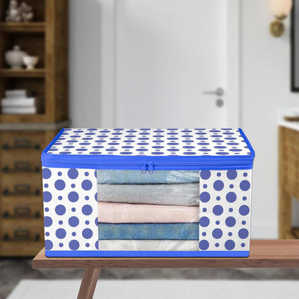 White & Blue Polka Dot Printed Clothes Storage Organizer Box with Transparent Window and Zip Closure