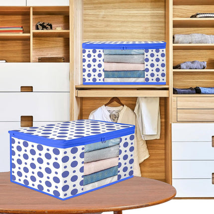 White & Blue Polka Dot Printed Clothes Storage Organizer Box with Transparent Window and Zip Closure