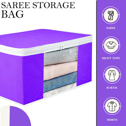 Purple Saree Storage Cover with Zip & Transparent Window