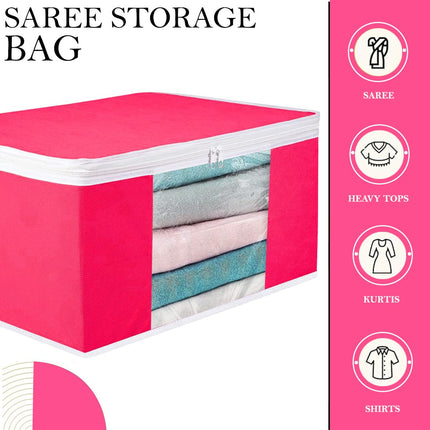 Pink Saree Storage Cover with Zip & Transparent Window