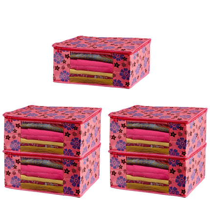 Pink Floral Printed Clothes Storage Organizer Box with Transparent Window and Zip Closure