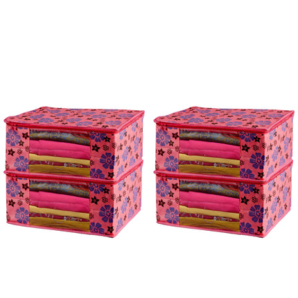 Pink Floral Printed Clothes Storage Organizer Box with Transparent Window and Zip Closure