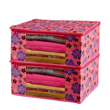 Pink Floral Printed Clothes Storage Organizer Box with Transparent Window and Zip Closure