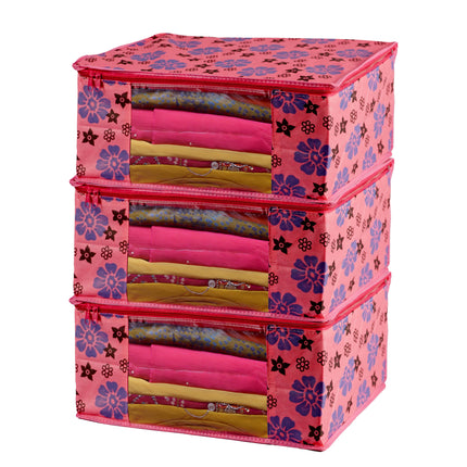 Pink Floral Printed Clothes Storage Organizer Box with Transparent Window and Zip Closure