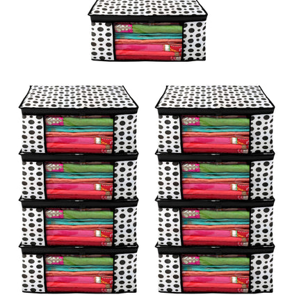 White & Black Polka Dot Printed Clothes Storage Organizer Box with Transparent Window and Zip Closure