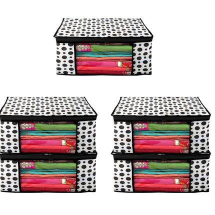 White & Black Polka Dot Printed Clothes Storage Organizer Box with Transparent Window and Zip Closure