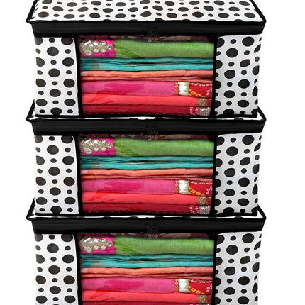 White & Black Polka Dot Printed Clothes Storage Organizer Box with Transparent Window and Zip Closure
