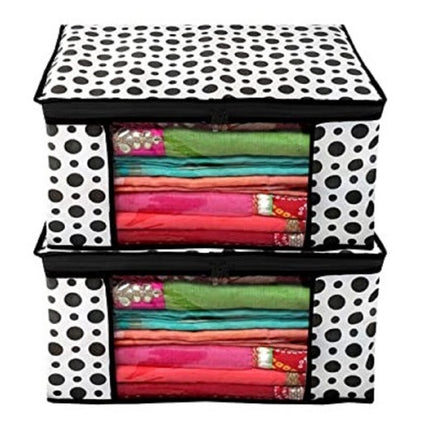 White & Black Polka Dot Printed Clothes Storage Organizer Box with Transparent Window and Zip Closure