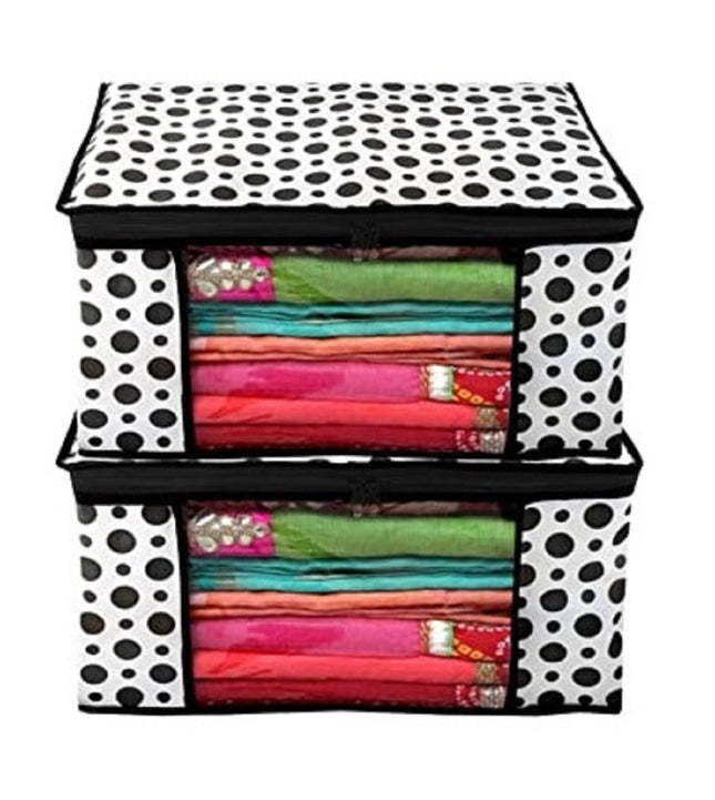 White & Black Polka Dot Printed Clothes Storage Organizer Box with Transparent Window and Zip Closure