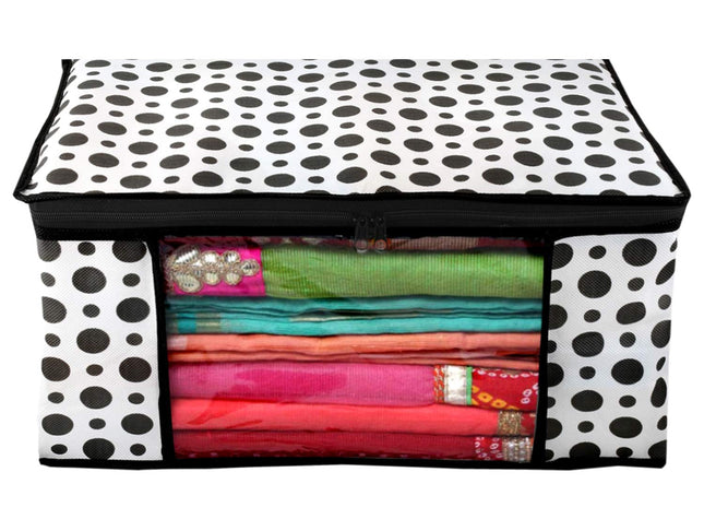 White & Black Polka Dot Printed Clothes Storage Organizer Box with Transparent Window and Zip Closure