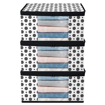 White & Black Polka Dot Printed Clothes Storage Organizer Box with Transparent Window and Zip Closure